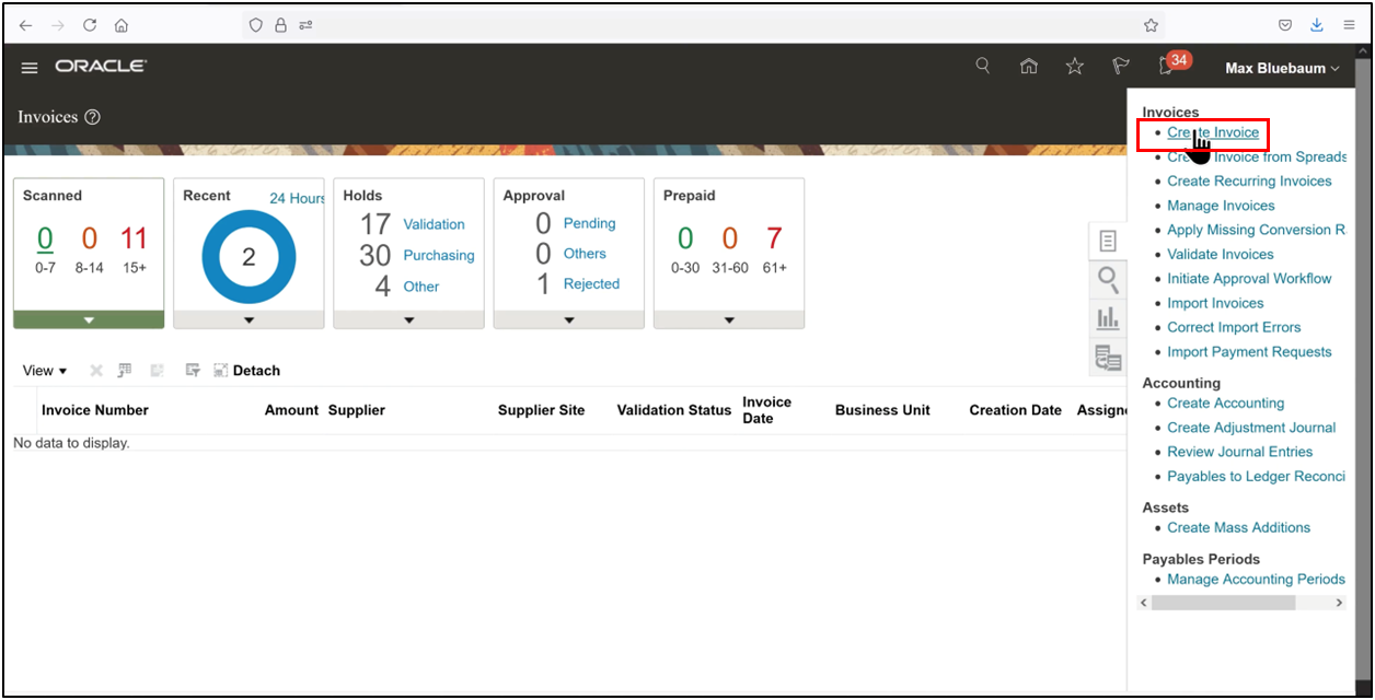 Open the Tasks pane and click Create Invoice in Oracle Fusion Payables