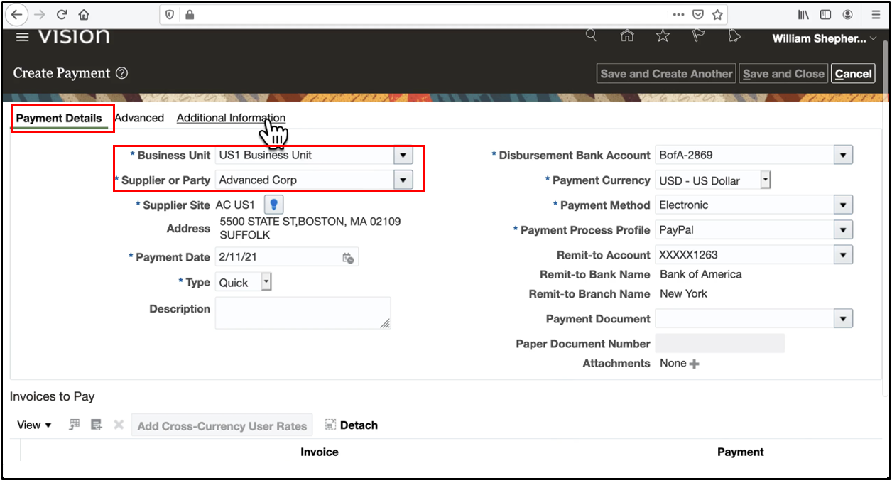 Create Payment screen showing selection of business unit, supplier, and supplier site in Oracle Fusion Payments