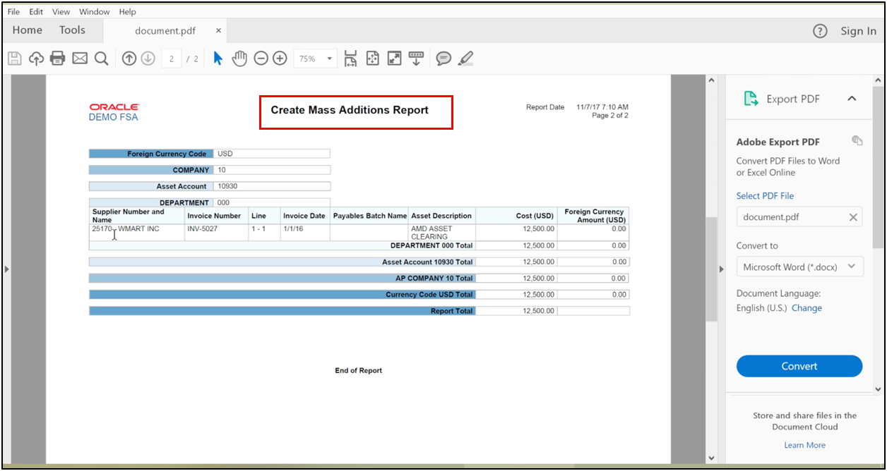 Accounts payable invoice displayed in the Create Mass Additions report