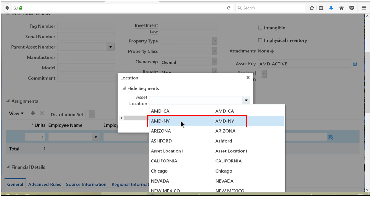 Assigning an asset location in the fixed asset system