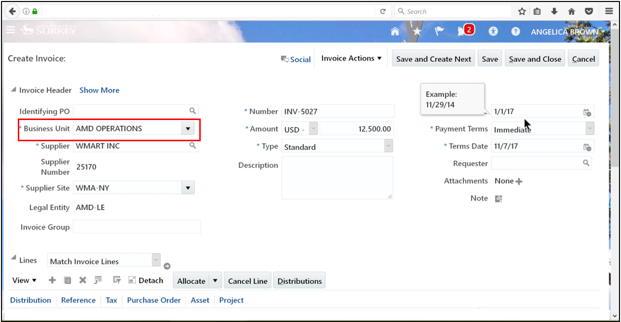Business unit selection in accounts payable systems
