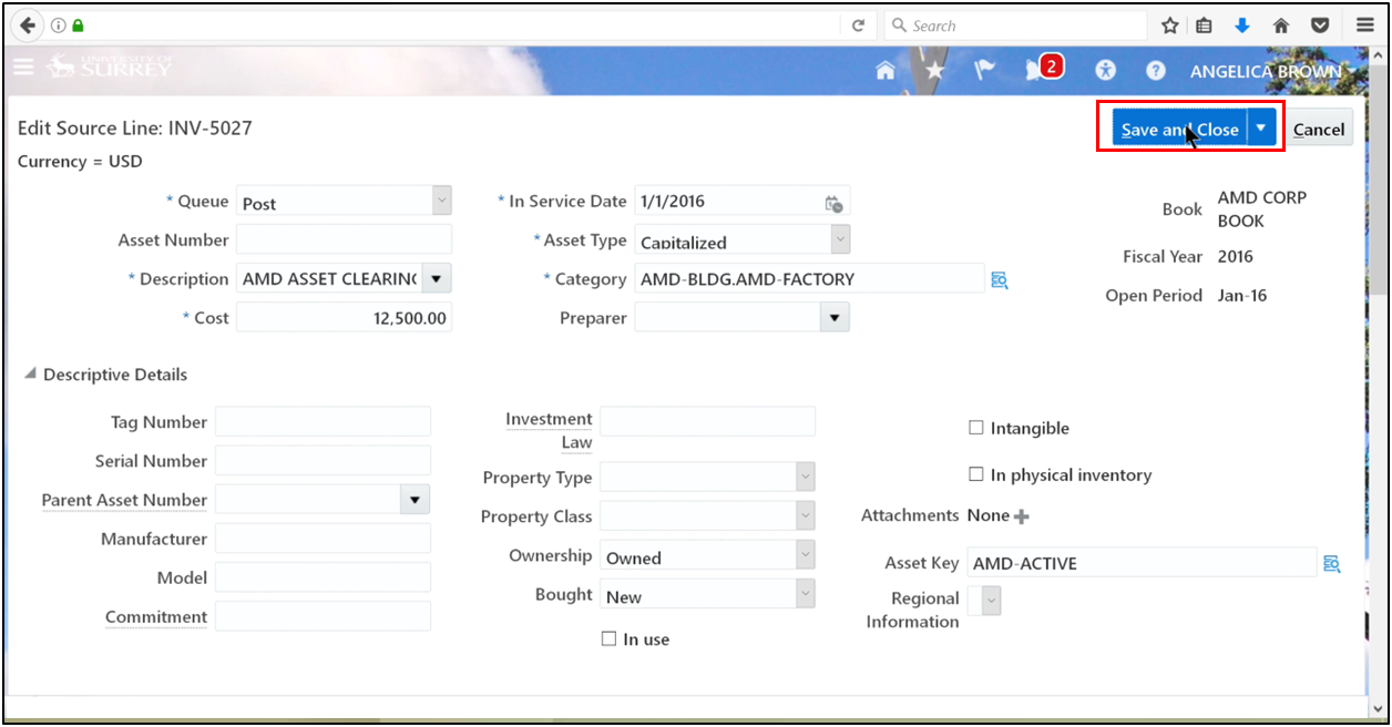 Saving and closing an asset in fixed assets