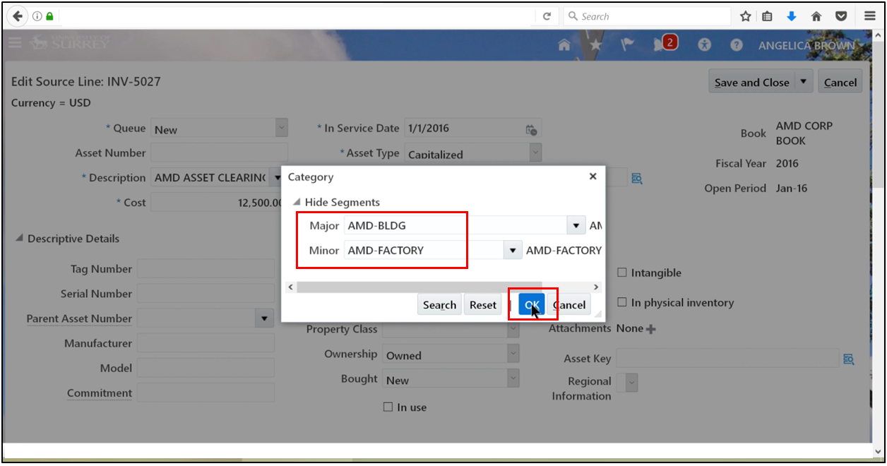 Selecting an asset category in fixed asset management
