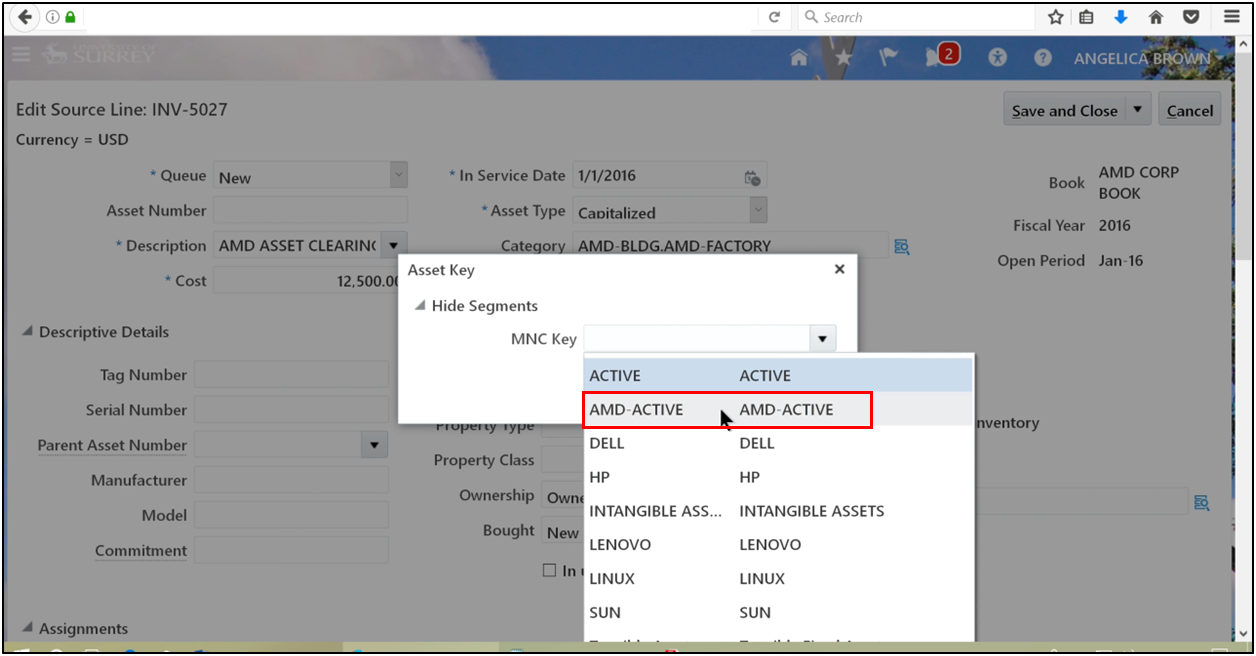 Entering an asset key in the fixed asset accounting system