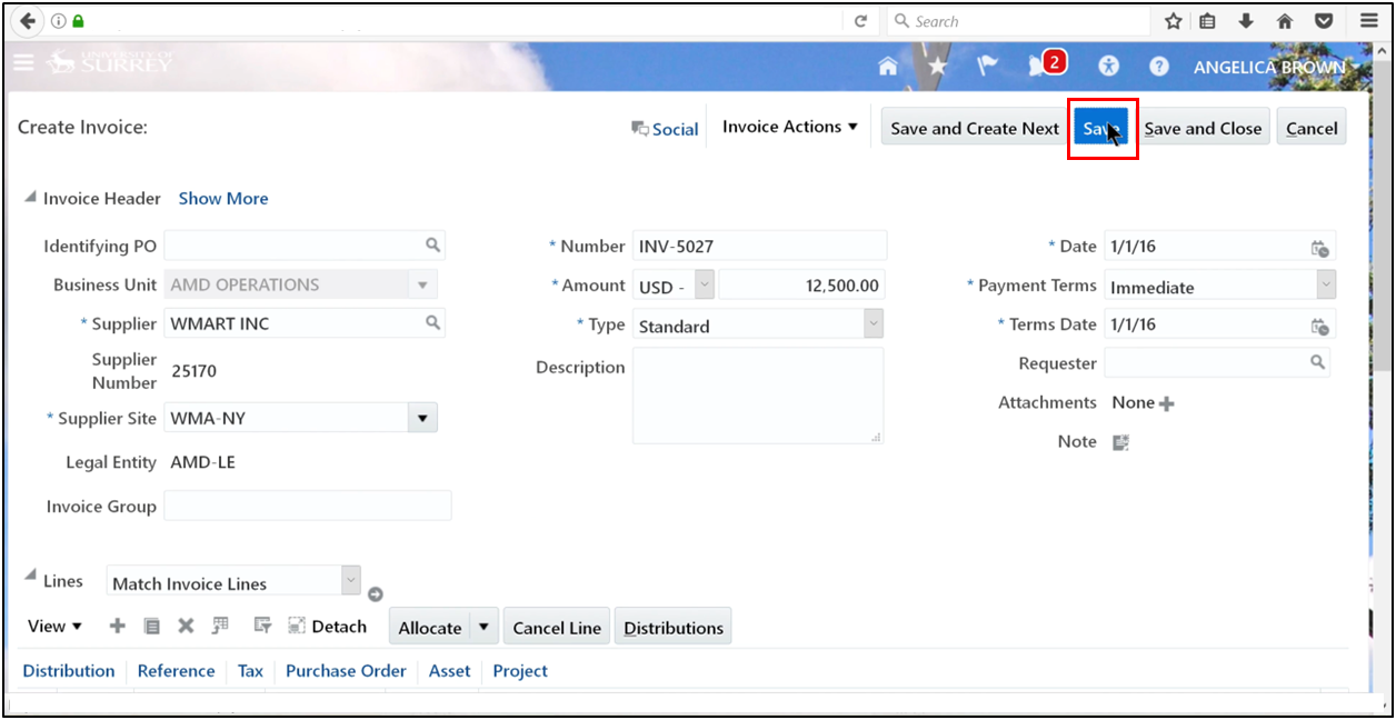 Saving an accounts payable invoice in Oracle Cloud ERP