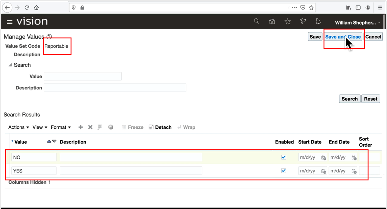 Reportable value set setup in Oracle Fusion showing values enabled for reporting and analytics