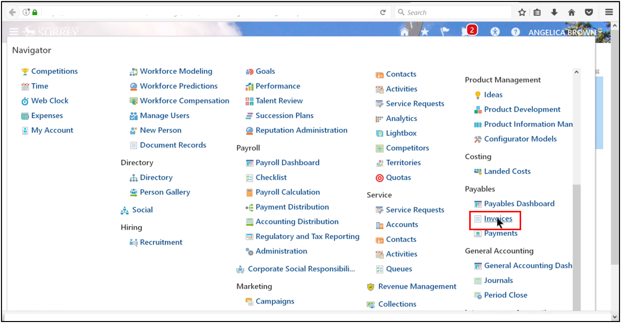 Navigator path to access invoices in accounts payable