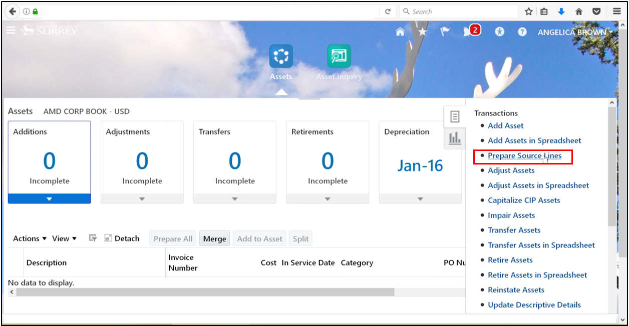 Prepare Source Lines option in a fixed asset management system