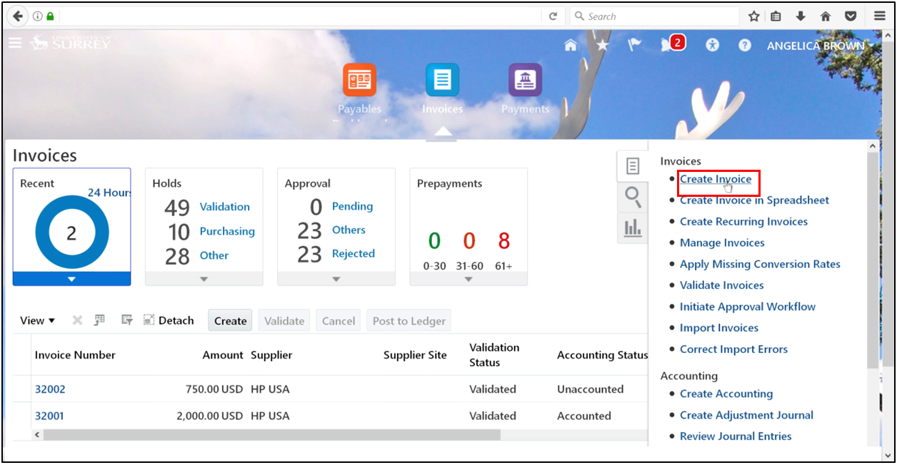 Task Pane option to create an accounts payable invoice