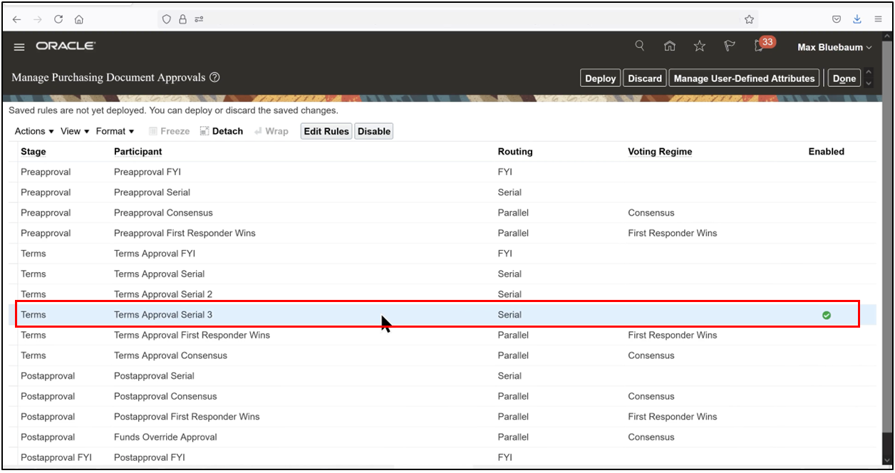 Oracle Fusion approval rules page showing enabled rule selected for editing
