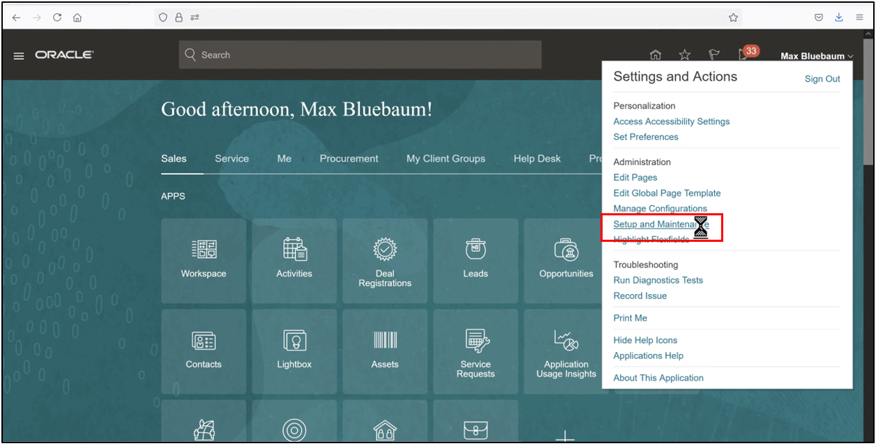 Oracle Fusion Navigator showing Setup and Maintenance option