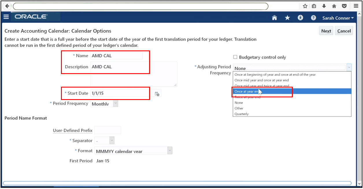 Define the start date and select an adjusting period frequency while setting up an accounting calendar in Oracle Fusion General Ledger