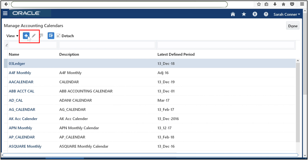 Click Go to Task and use the Plus icon to create a new accounting calendar in Oracle Fusion General Ledger