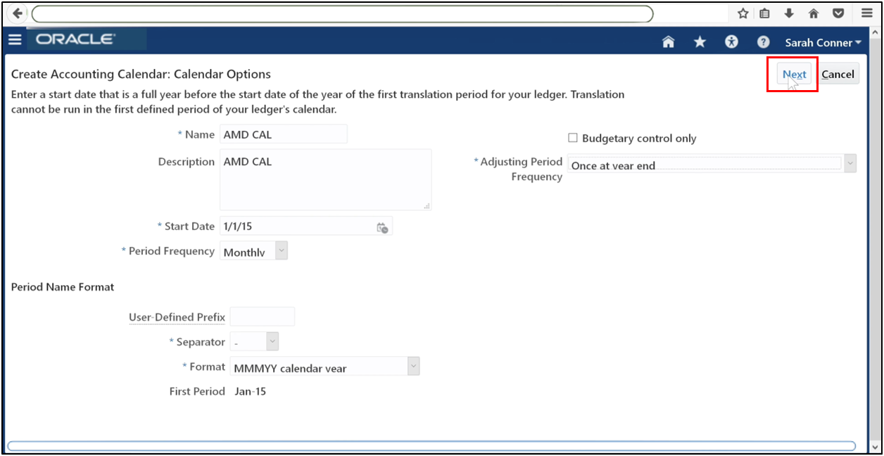 Click Next to proceed with accounting calendar setup in Oracle Fusion General Ledger