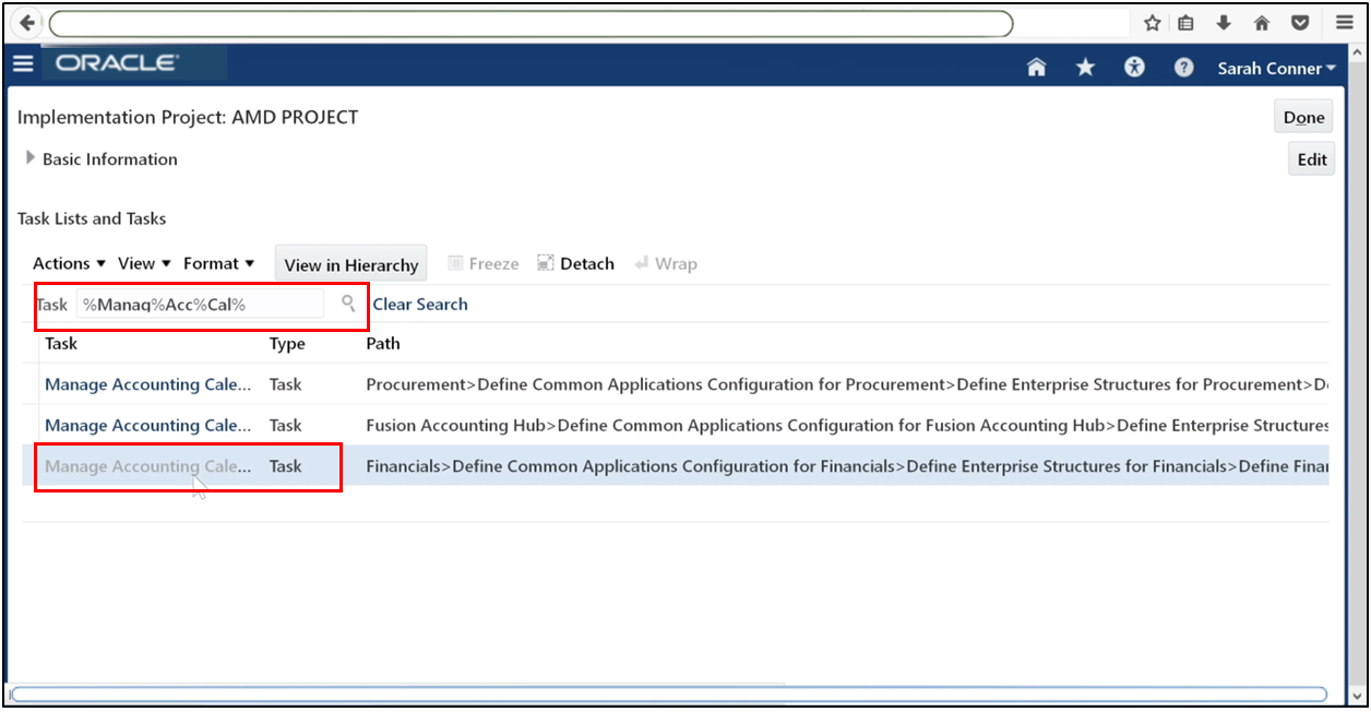 Navigate to Manage Accounting Calendars from the Tasks menu in Oracle Fusion General Ledger setup
