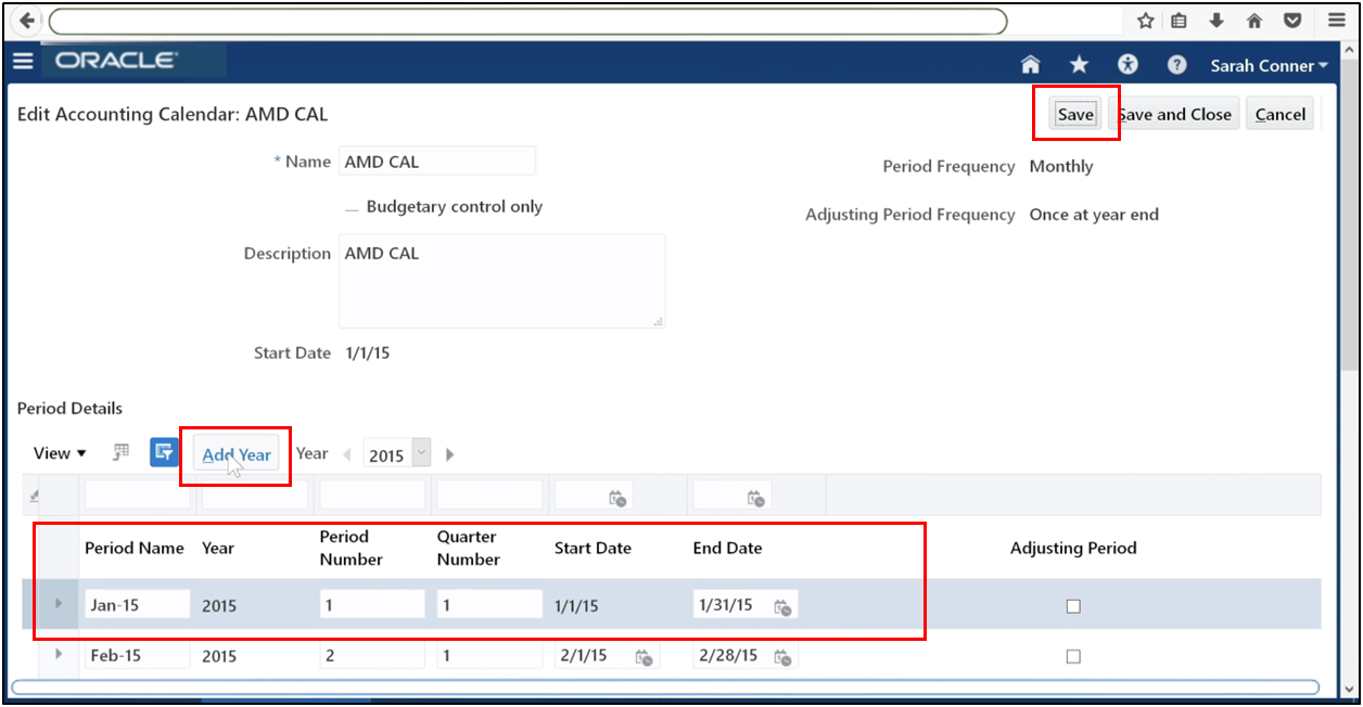 Click Add Year to add future accounting years to the accounting calendar in Oracle Fusion General Ledger