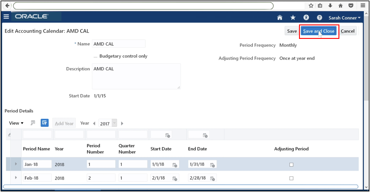 Save the accounting calendar during Oracle Fusion General Ledger setup