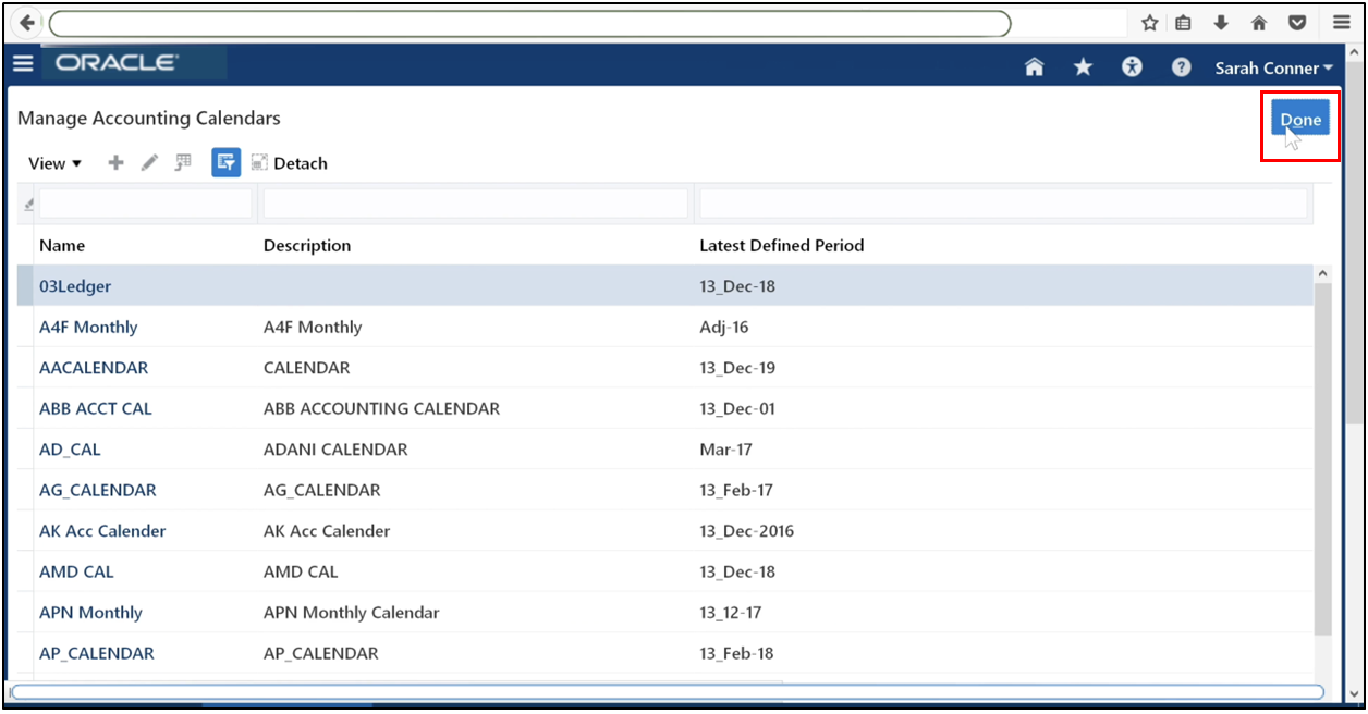 Click Done to complete the accounting calendar setup in Oracle Fusion General Ledger
