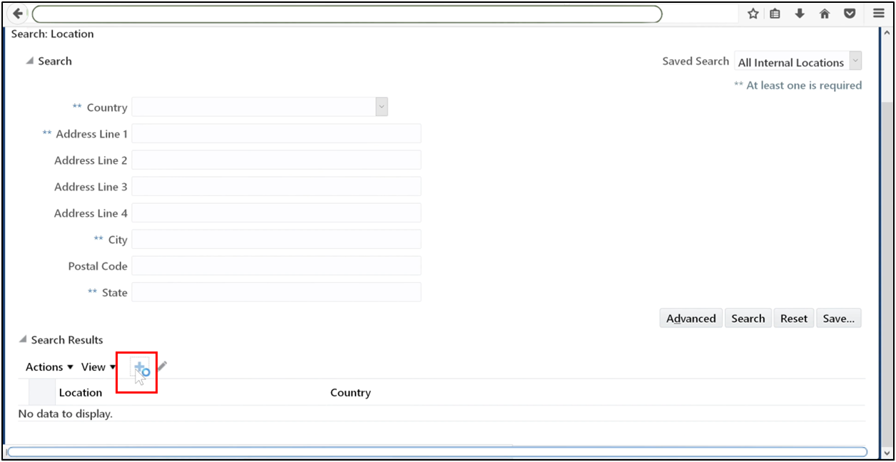 Click the Plus icon to create a new legal address in Oracle Fusion