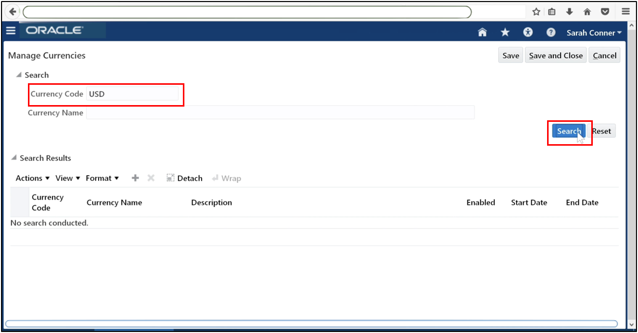 Search for the required currency in Manage Currencies within Oracle Fusion General Ledger