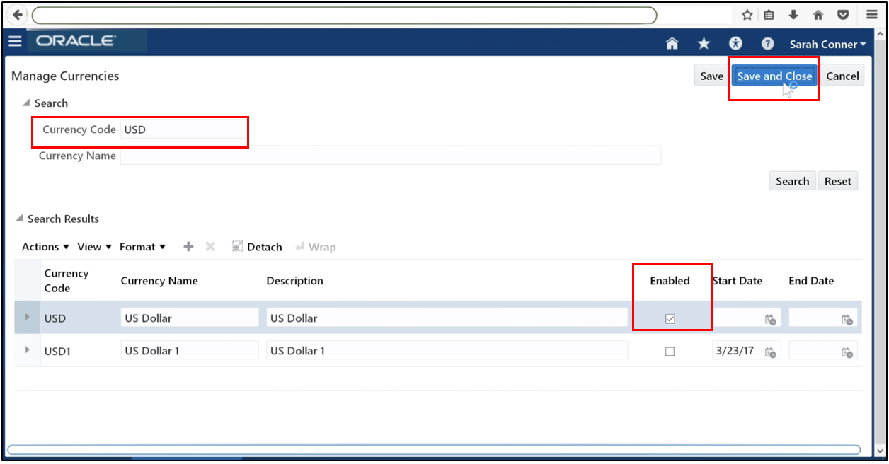 Enable the currency by selecting the Enabled checkbox and saving changes in Oracle Fusion General Ledger