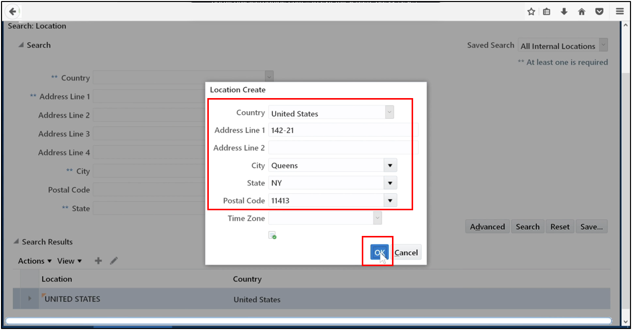 Confirm the legal address by clicking OK and Save in Oracle Fusion
