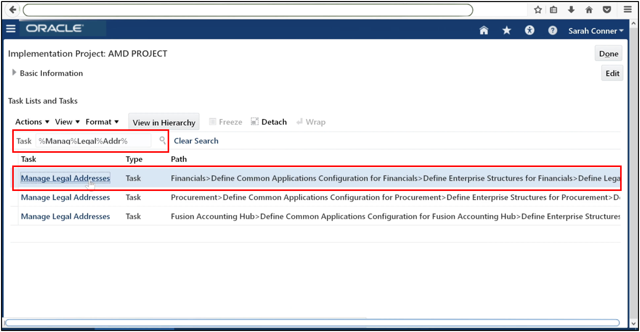Navigate to Manage Legal Addresses in Oracle Fusion setup