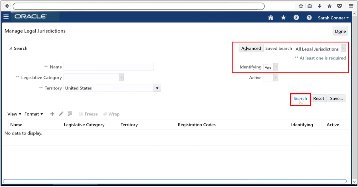Search for an existing legal jurisdiction for your country in Oracle Fusion