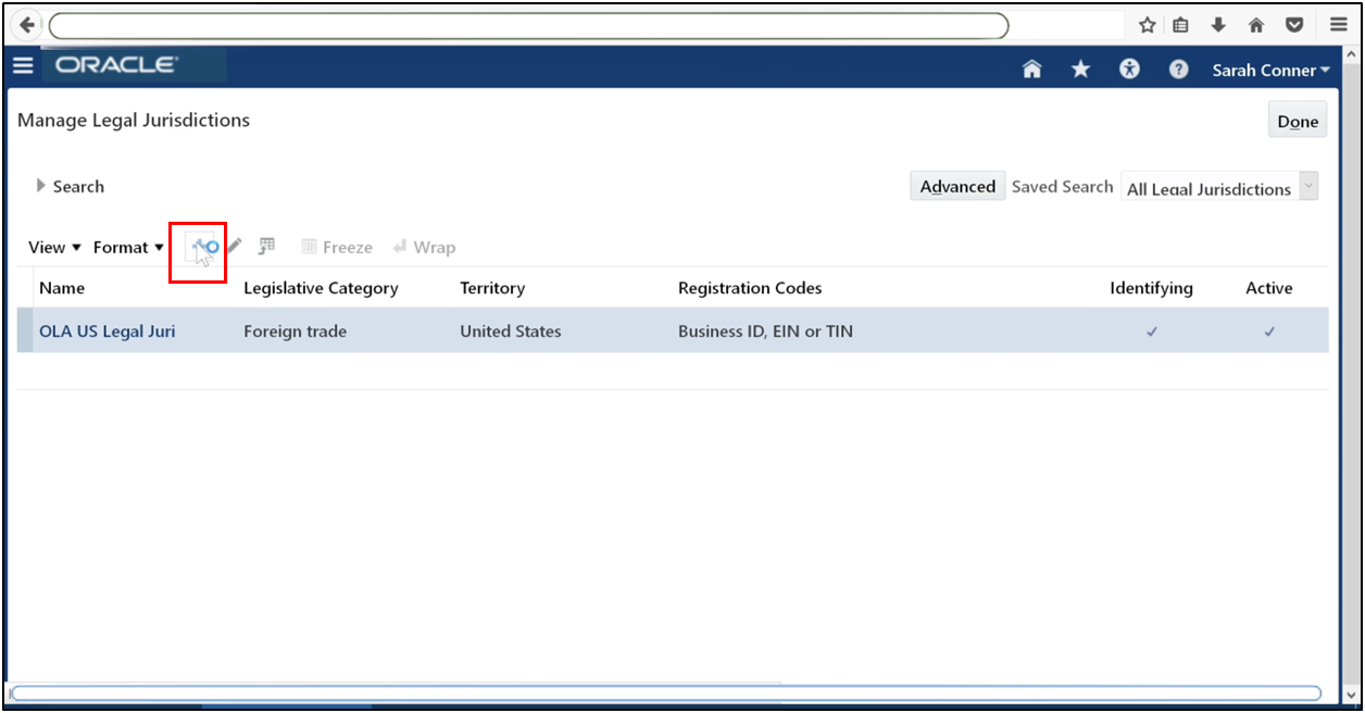 Click the Plus icon to create a new legal jurisdiction in Oracle Fusion
