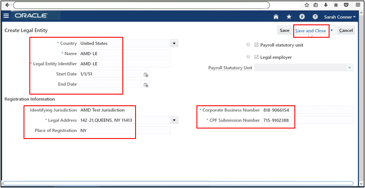 Save the legal entity in Oracle Fusion setup