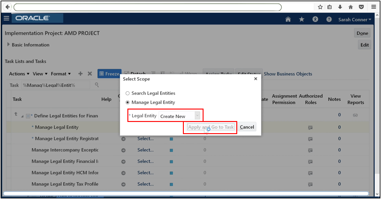 Select Create New and click Apply and Go to Task in Manage Legal Entities