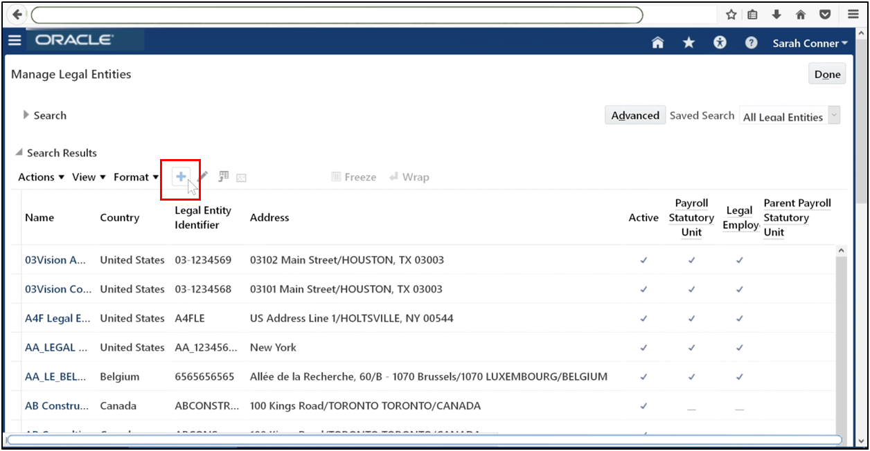 Click the Plus icon to create a new legal entity in Oracle Fusion