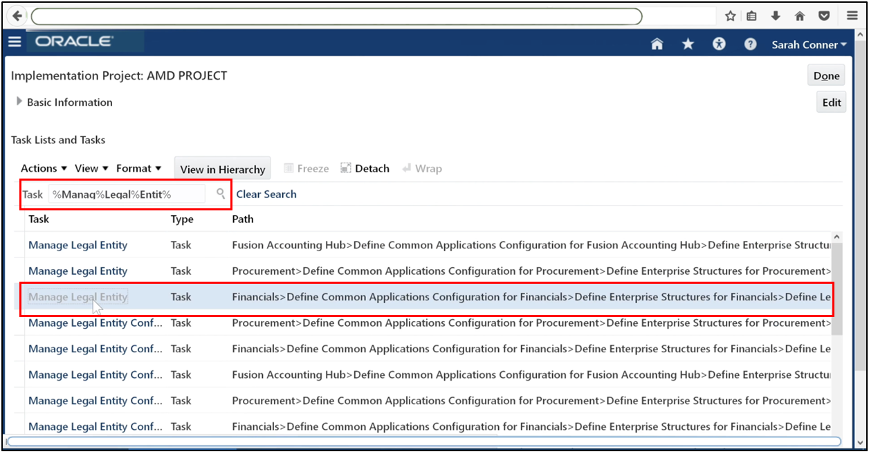 Navigate to Manage Legal Entities in Oracle Fusion setup