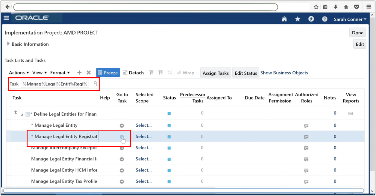 Navigate to Manage Legal Entity Registrations in Oracle Fusion setup