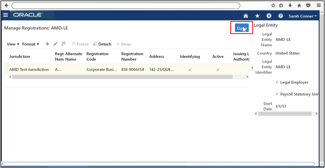 Click Done to exit Legal Entity Registration setup in Oracle Fusion