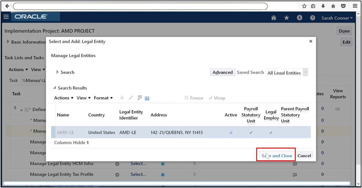 Save and close the legal entity registration and click Done in Oracle Fusion