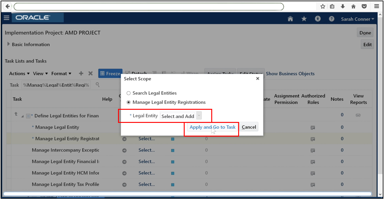 Select an option and click Apply in Legal Entity Registrations