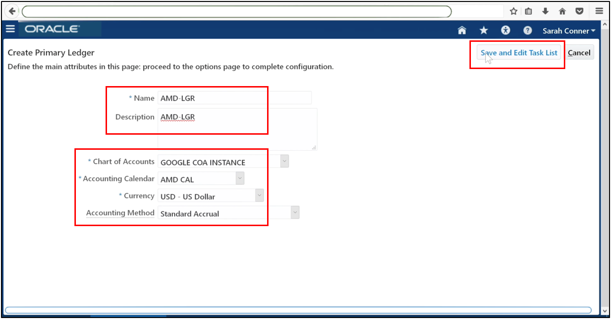 Enter the ledger name while defining the primary ledger in Oracle Fusion