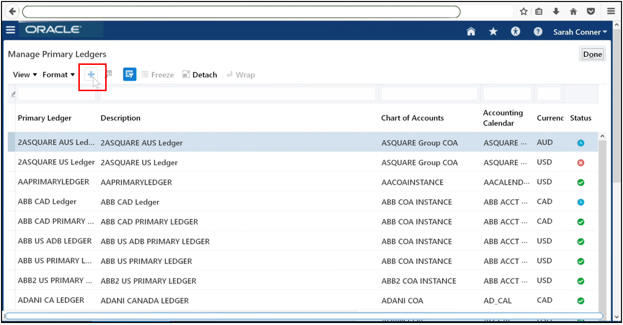 Click the Plus icon to create a new primary ledger in Oracle Fusion General Ledger