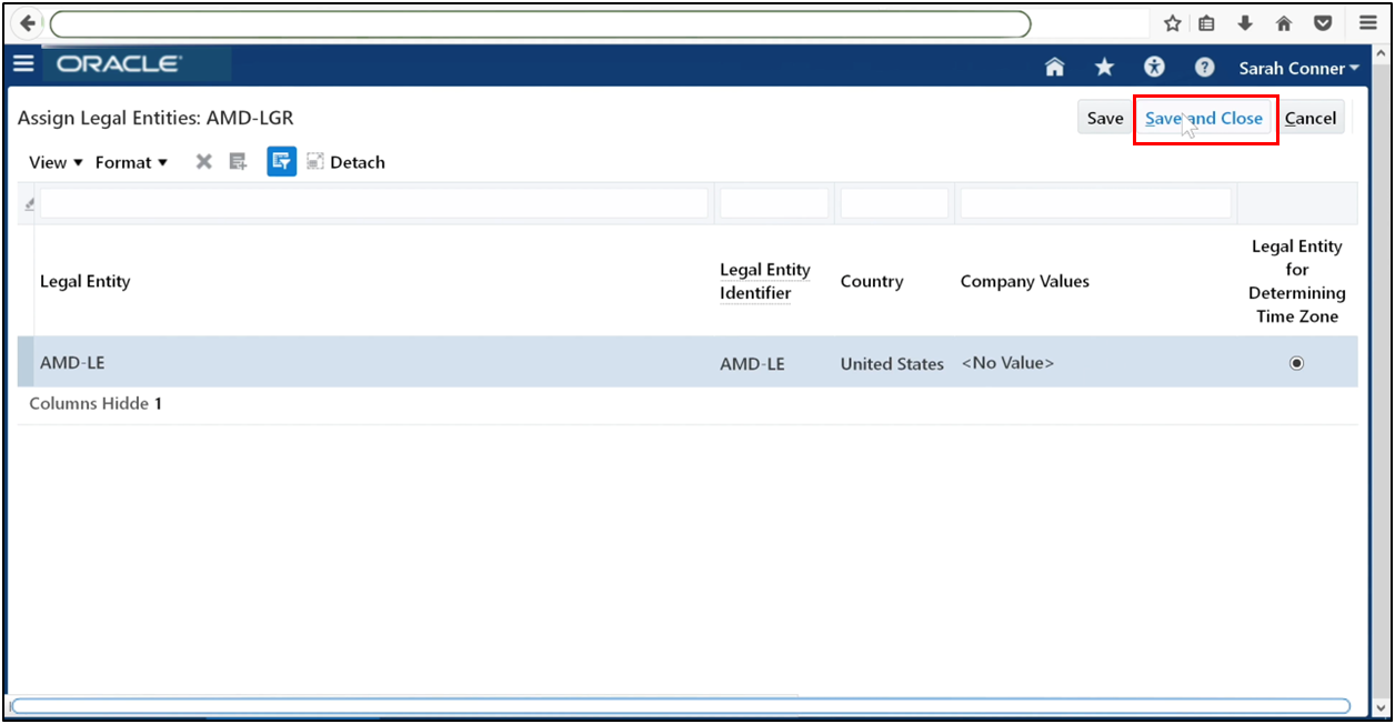 Save and close legal entity assignment in Oracle Fusion General Ledger
