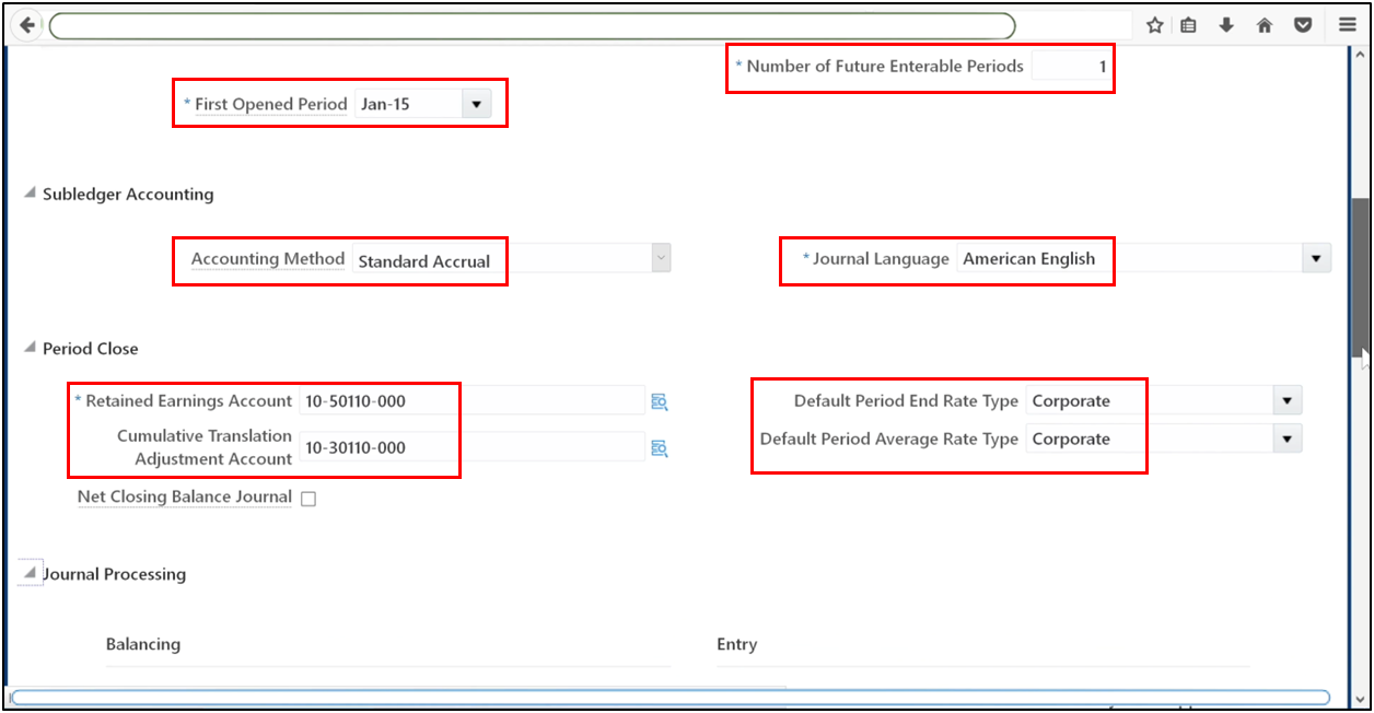 Enter retained earnings and cumulative translation adjustment accounts in ledger options