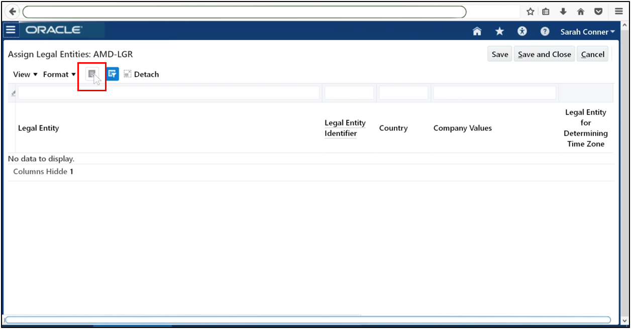 Click the Plus icon to add a legal entity to the ledger in Oracle Fusion