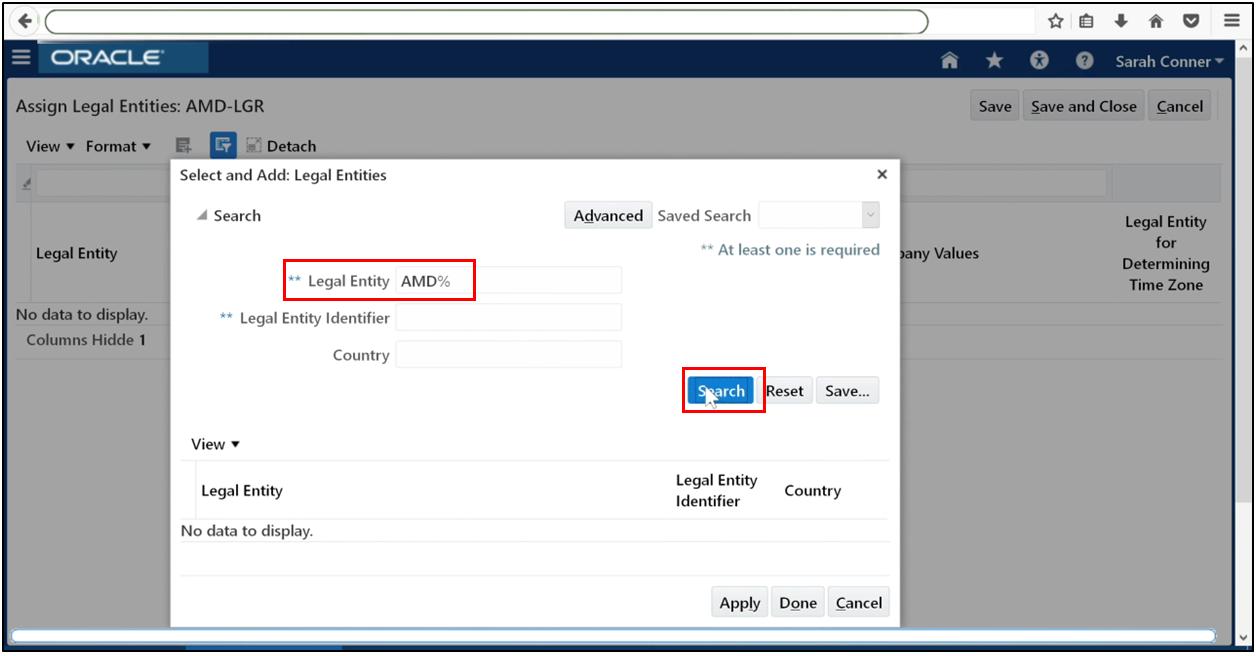 Search and assign a legal entity to the ledger in Oracle Fusion General Ledger