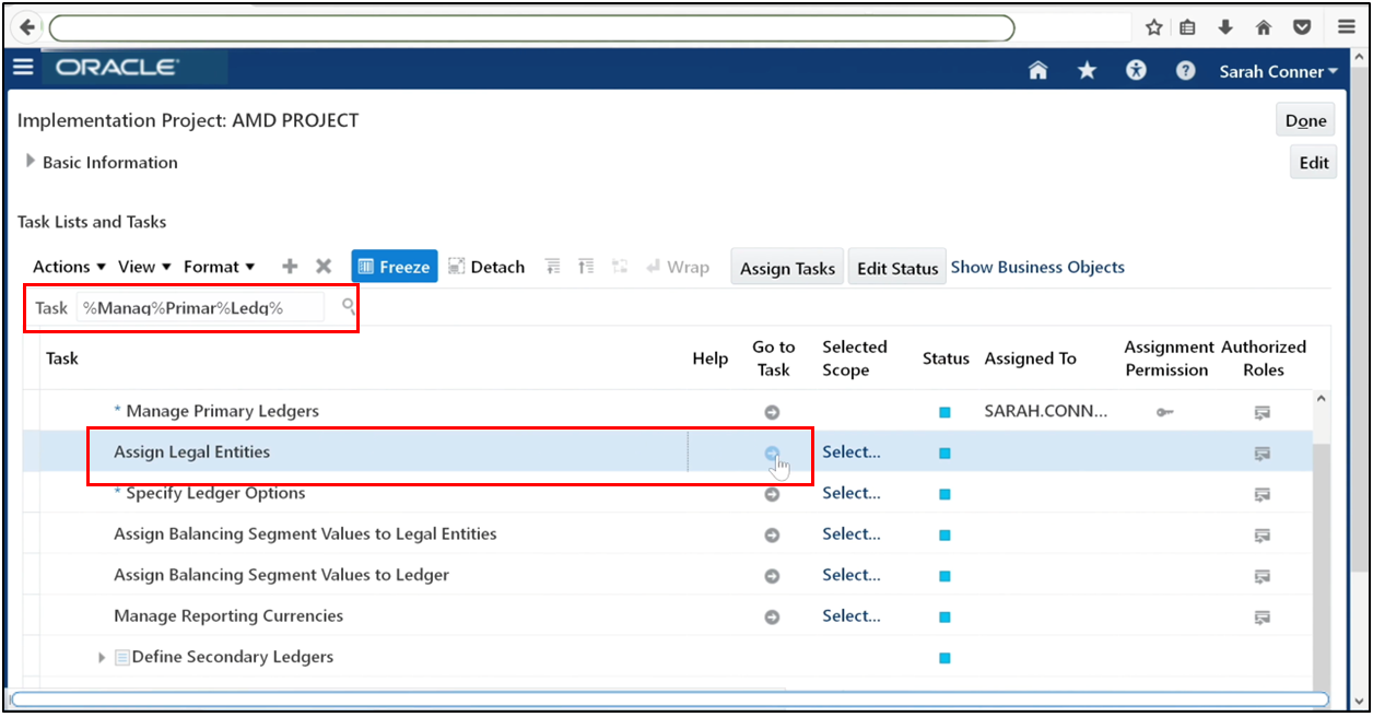 Navigate to Assign Legal Entities in Oracle Fusion General Ledger setup