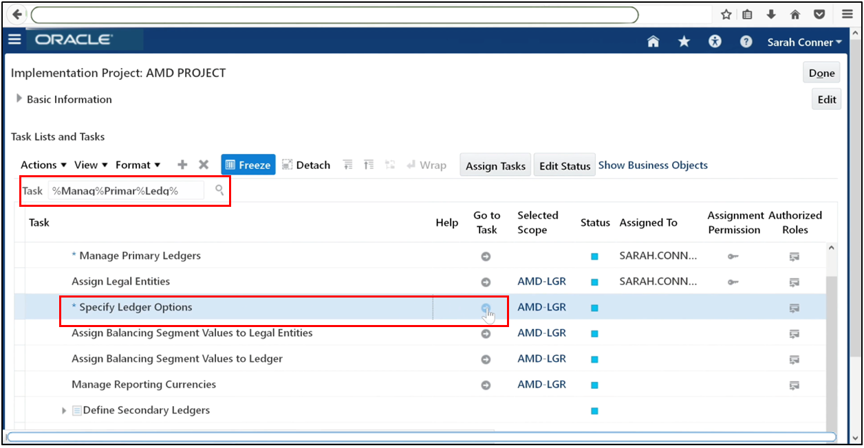 Navigate to Specify Ledger Options in Oracle Fusion General Ledger setup