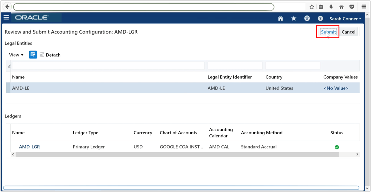 Click Submit to submit the accounting configuration in Oracle Fusion