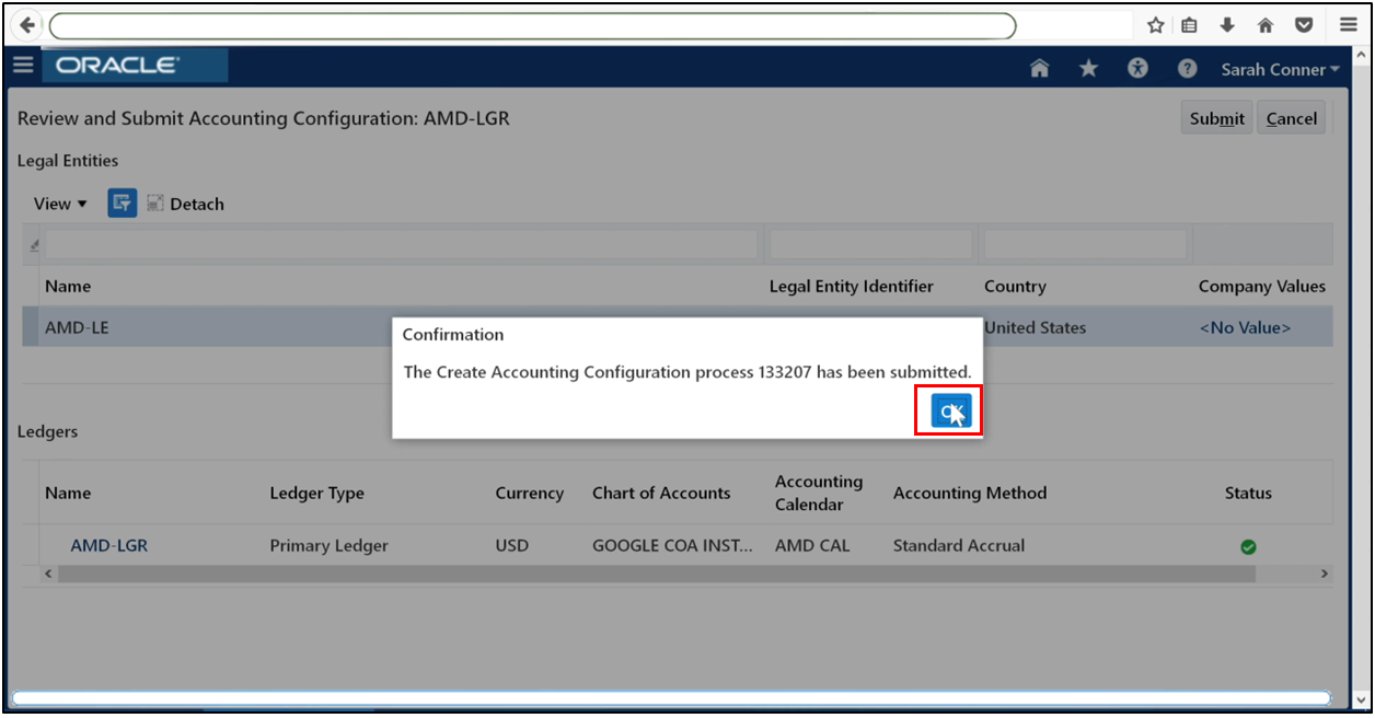 Click OK to confirm submission of accounting configuration