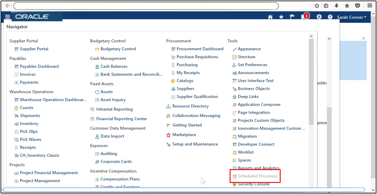Navigate to Scheduled Processes in Oracle Fusion