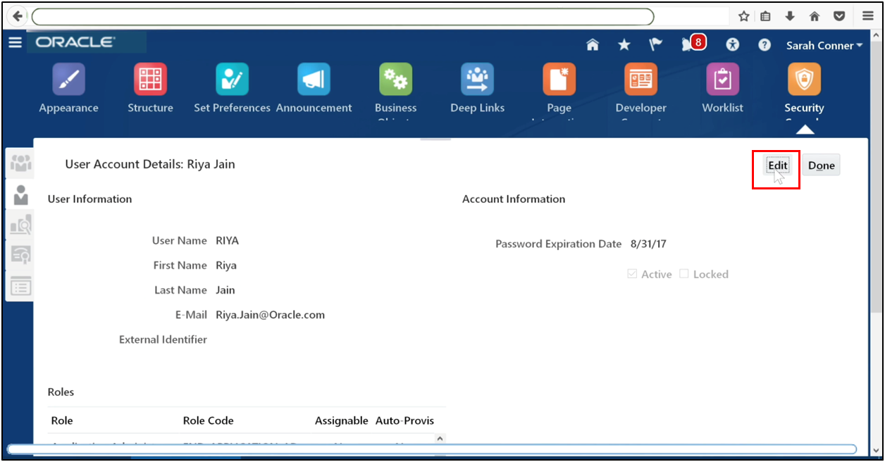 Edit the user account to assign roles in Oracle Fusion