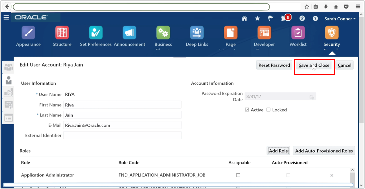 Save and close the user role assignment